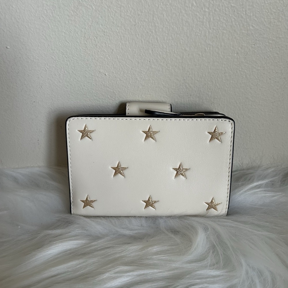 Coach Medium Corner Zip Wallet Chalk White Gold Glitter Star Bifold Leather - Picture 2 of 6